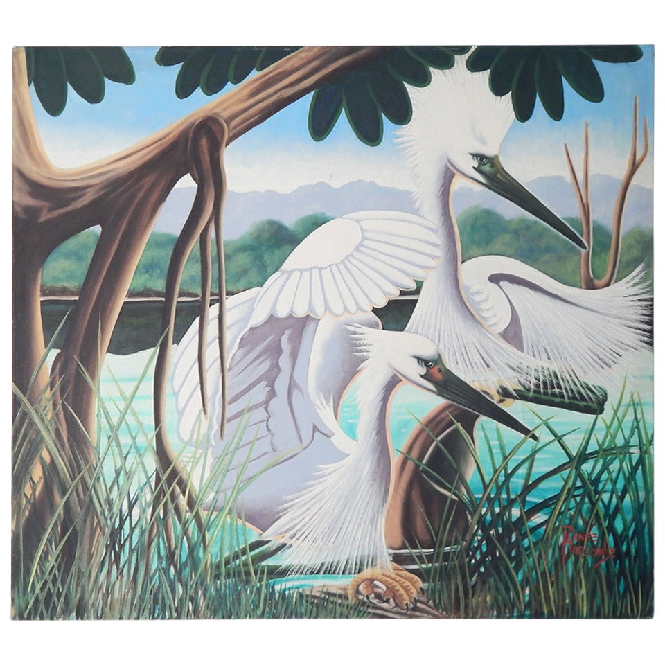 "Egrette delle nevi e cipressi", grande dipinto Art Déco di Harcombe in vendita