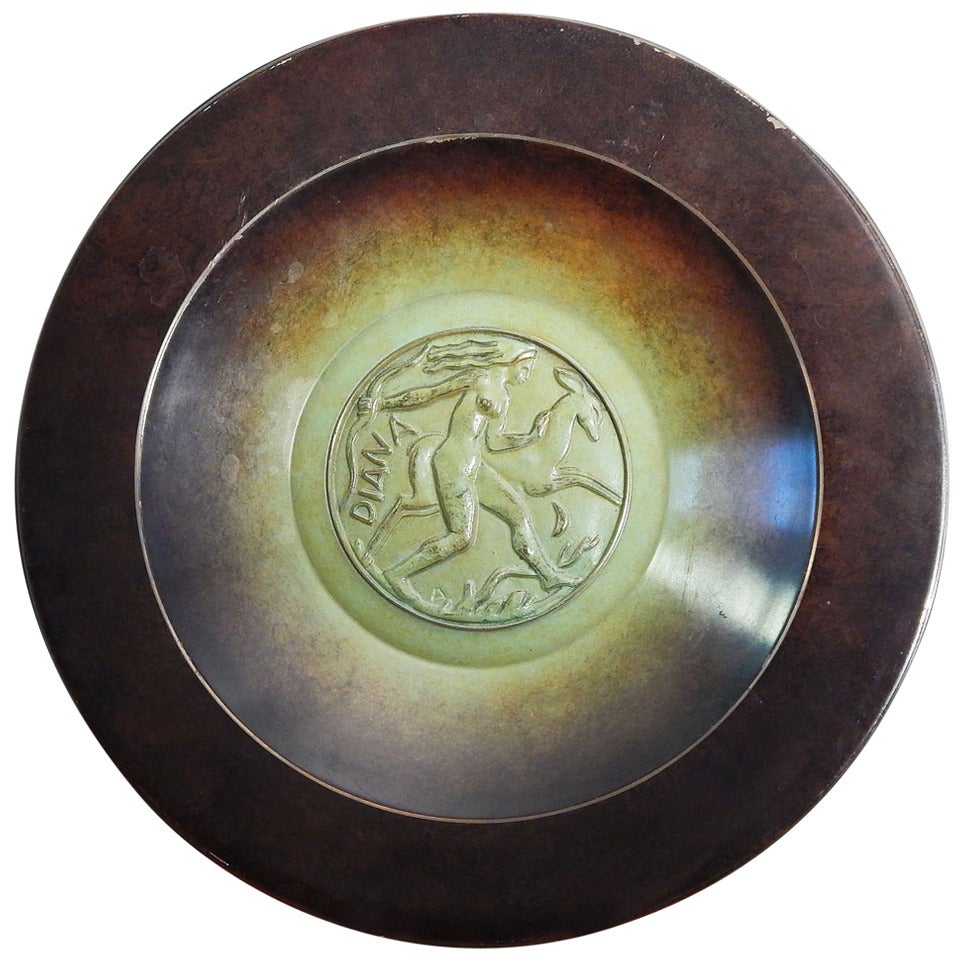"Diana y ciervo", soberbio cuenco grande de bronce Art Decó de alto estilo, de Ystad