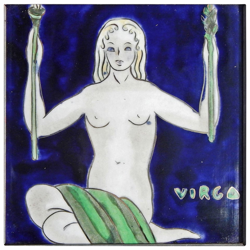 "Virgo, " Fine and Rare Art Deco Framed Tile by Bonnie MacLeary