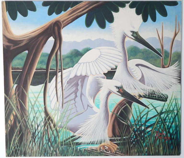 Brilliantly capturing the exotic and beautiful landscape of the cypress swamps of South Florida, this painting of a pair of snowy egrets is a superb example of Art Deco scene painting. The turquoise hue of the water and the cerulean of the sky