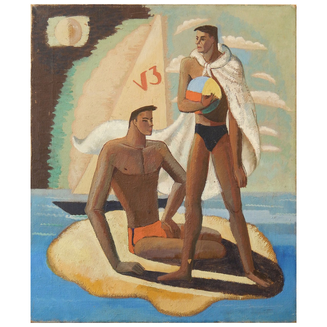 "The Swimmers, " Superb Art Deco Painting Influenced by Cubism, 1934