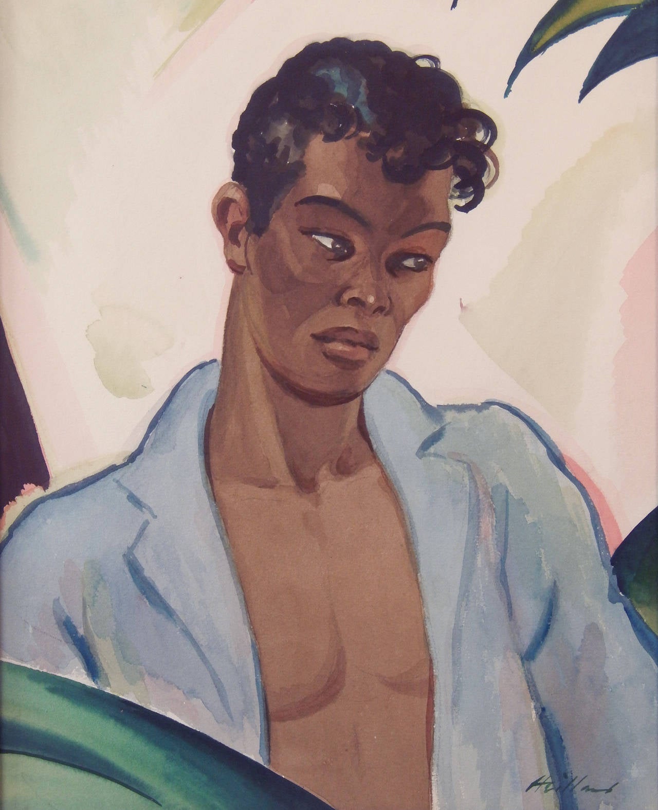 This arresting depiction of a young Dominican man was painted by Wilmot Emerton Heitland, one of America's leading illustrators in the 1920s and 1930s when Art Deco held sway. Heitland grew up in the Midwest and attended the Pennsylvania Academy of