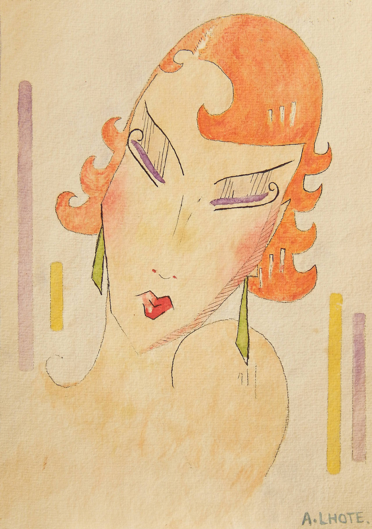 A superb depiction of a young woman at the height of the glamorous Jazz Age in Paris, this ink and watercolor is vibrant and sophisticated.  The artist, André Lhote, best known for ambitious oil paintings, could have thrown together this watercolor
