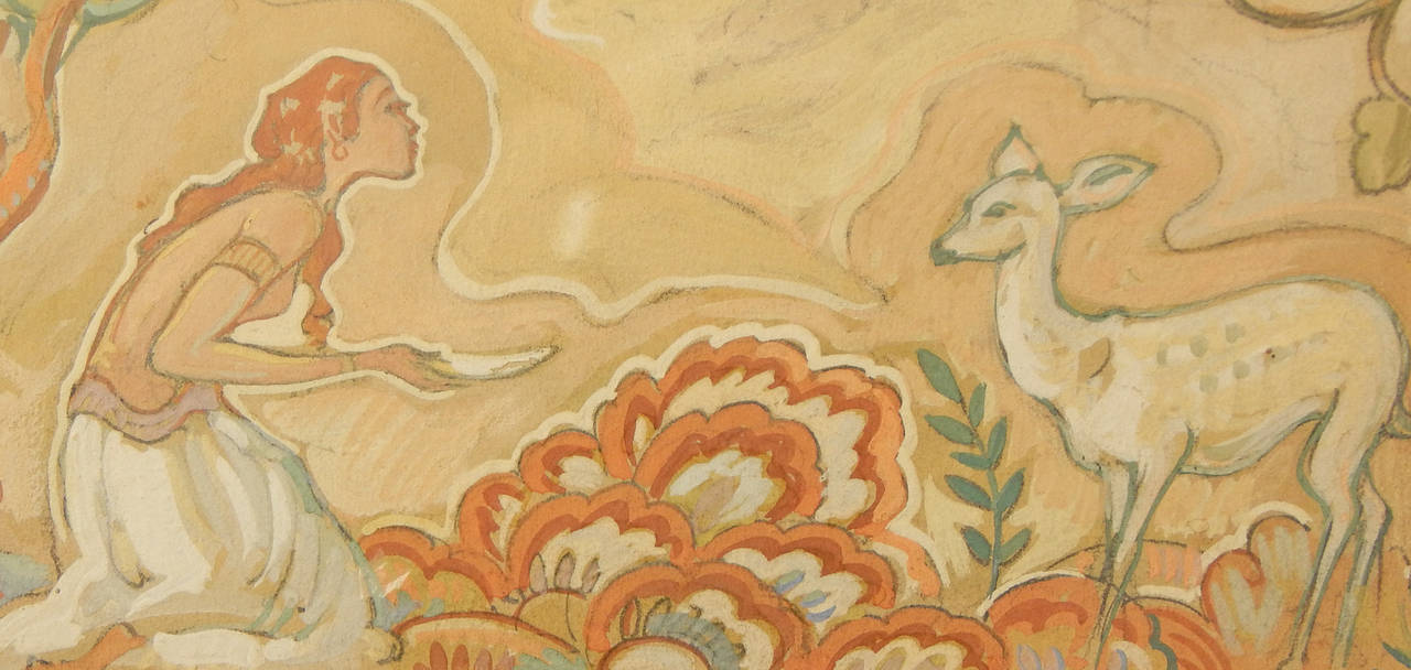 Diese typische Art-Déco-Szene mit einer arabisch gekleideten Nymphe, die einem gefleckten Rehkitz eine Schale mit Wasser anbietet, wurde von Einar Petersen gemalt, einem kalifornischen Künstler, der für seine exotische Wandmalerei bekannt ist.