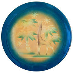 "Giraffe and Coconut Palms, " Important Art Deco Enamel Charger by Winter
