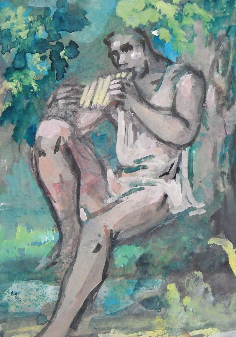 Full of verdant greens and suffused with a lovely quiet spirit, this depiction of Pan resting against a tree and playing his pipes was a perfect image for the famous Liberty Music Shop in New York.  This sketch for a mural at the Shop was painted by
