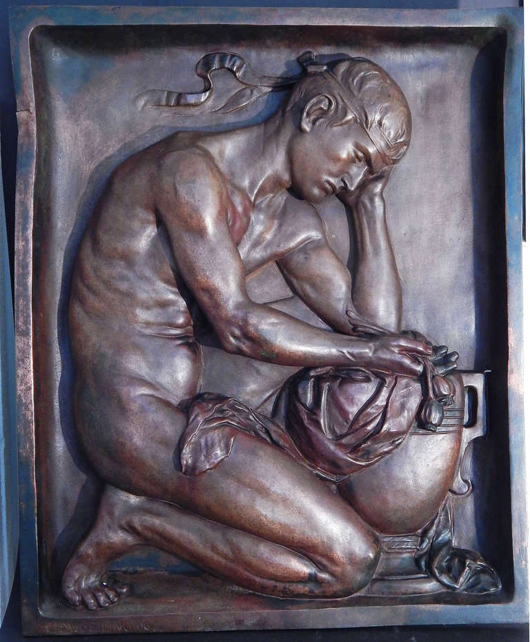 "Nude Male Youth with Poppies and Urn, " Large Bronze Panel by Geiling