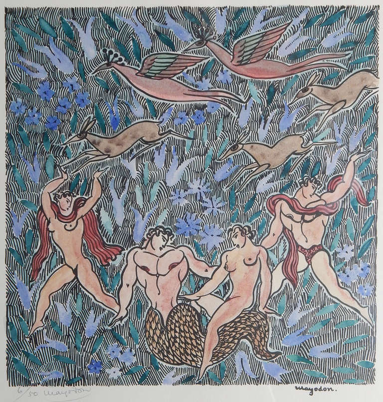 Created by one of the great practitioners of Art Deco during its heyday in France, this very rare print by Jean Mayodon pictures a nude female riding the tail of a merman, surrounded by other nude figures in an Edenic world.  As usual, Mayodon's