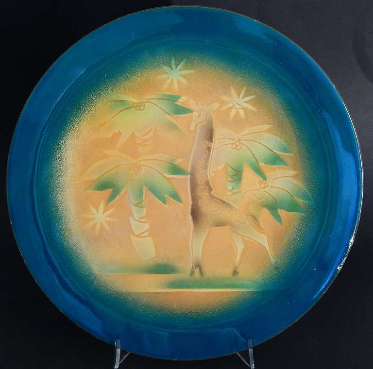 "Giraffe and Coconut Palms, " Important Art Deco Enamel Charger by Winter
