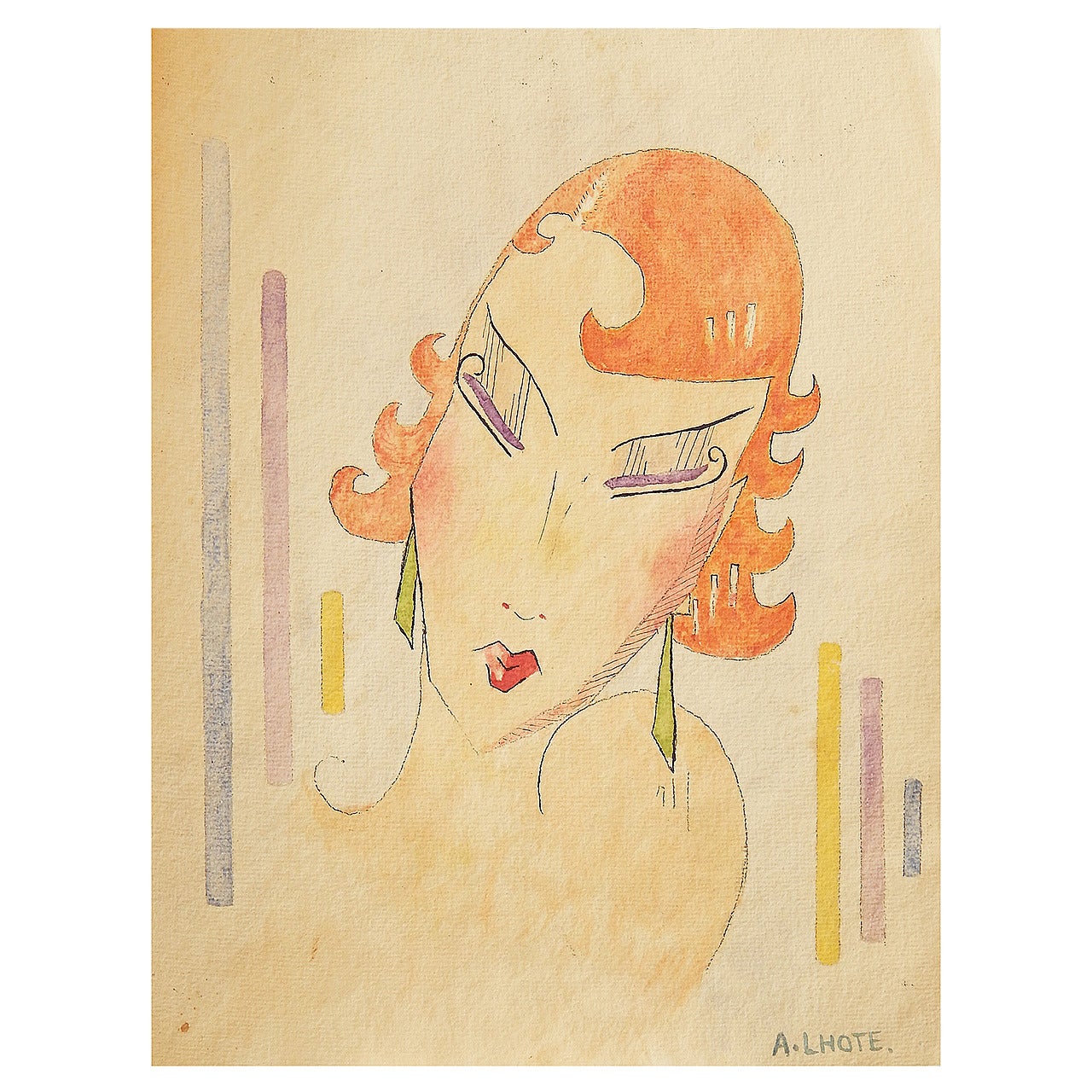 "Redhead, " Art Deco Stylized Watercolor of Young Woman by Lhote, France