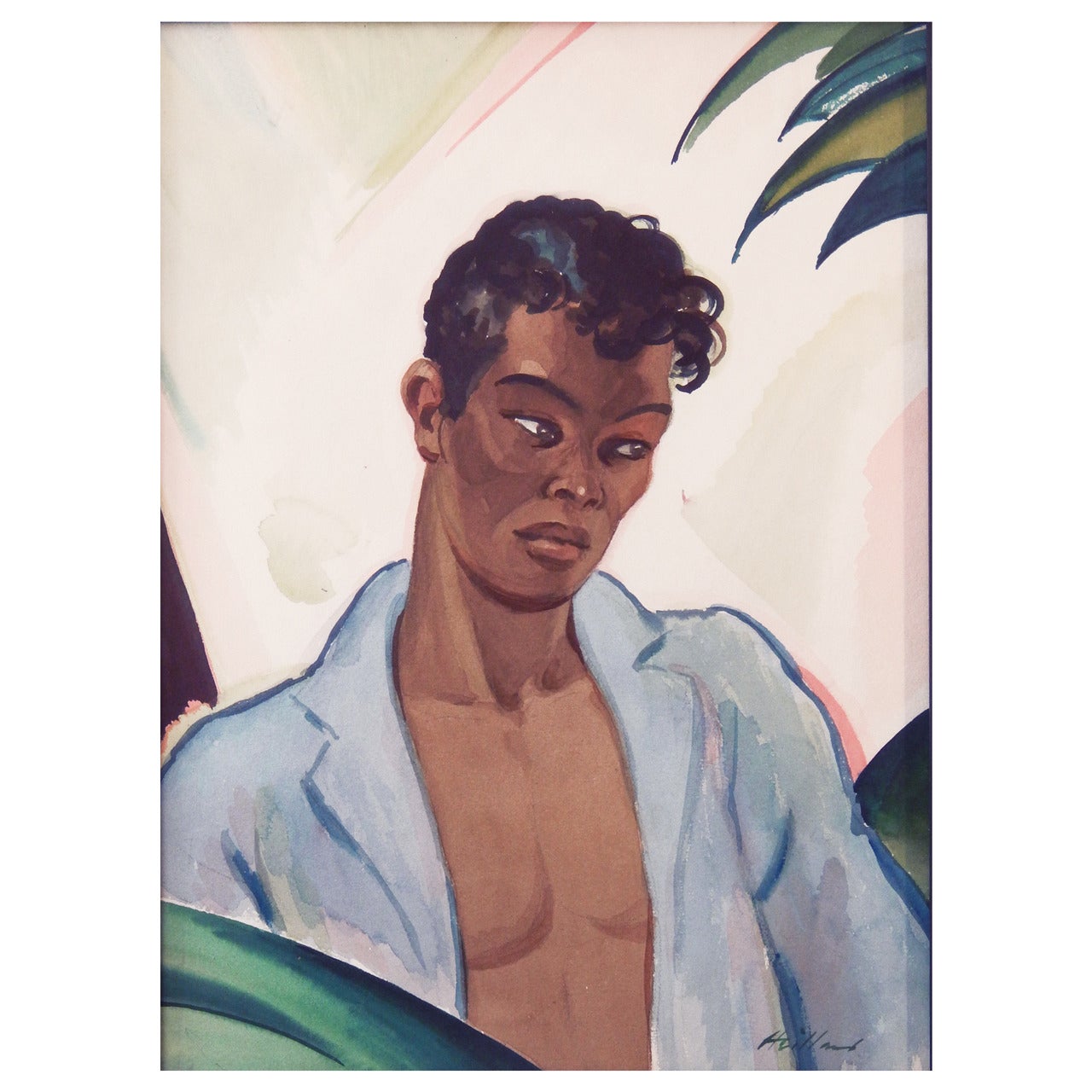 "Portrait from the Dominican Republic, " Superb Watercolor by Heitland, Art Deco