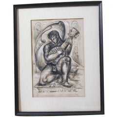 Vintage "Nude with Banjo, " 1950s drawing by Robert Lamb