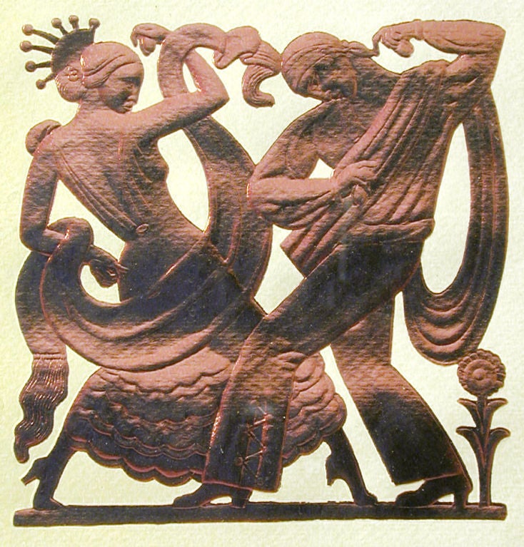 Dieses stark stilisierte Paar spanischer Tänzerinnen in bester Art-Déco-Manier erhielt durch die Verwendung von Metallic-Tinte oder Metallfolie auf geprägtem Papier einen sanften, kupferfarbenen Schimmer.