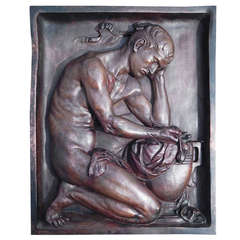 "Nude Male Youth with Poppies and Urn, " Large Bronze Panel by Geiling