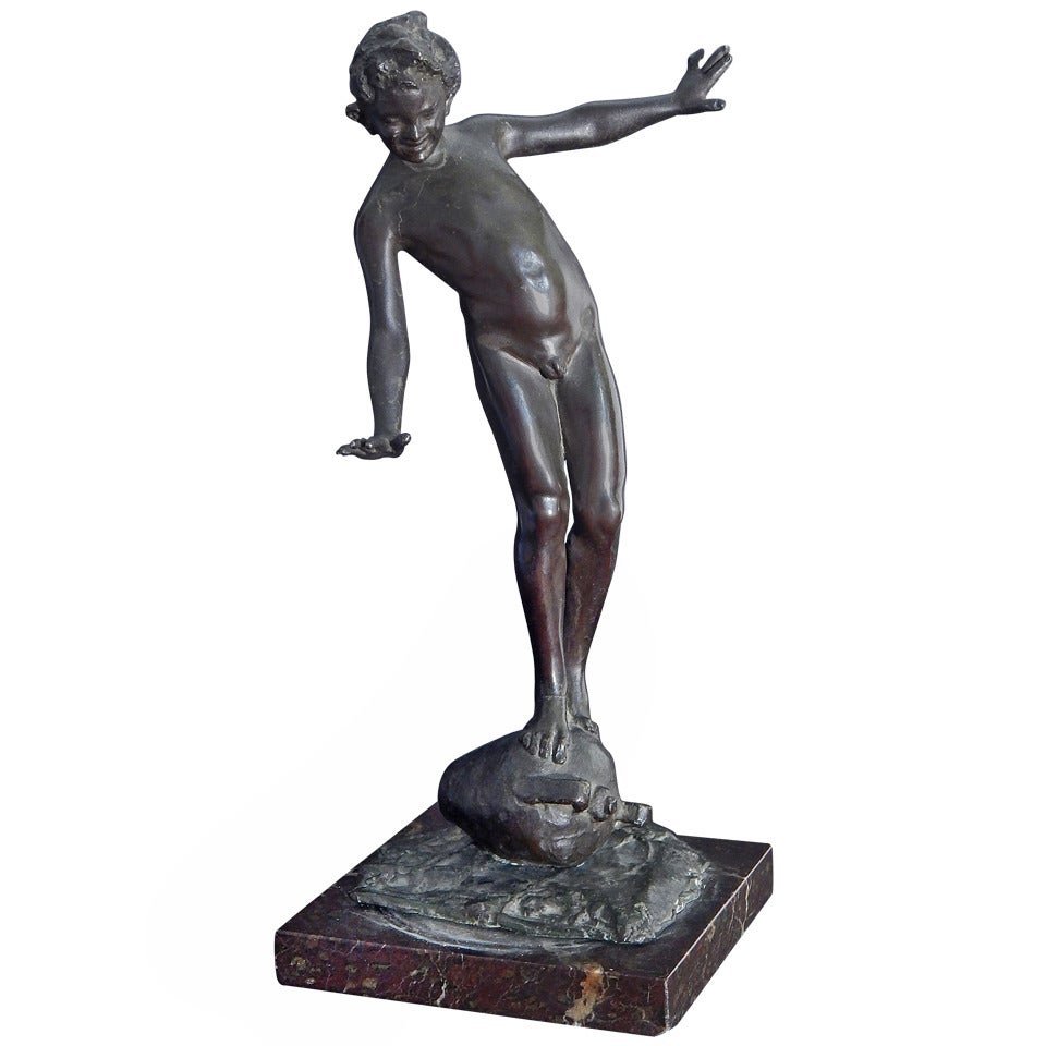 "Boy Balancing on Water Jug, " Whimsical Art Deco Bronze Nude For Sale