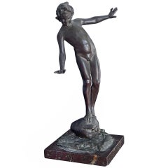 "Boy Balancing on Water Jug, " Whimsical Art Deco Bronze Nude