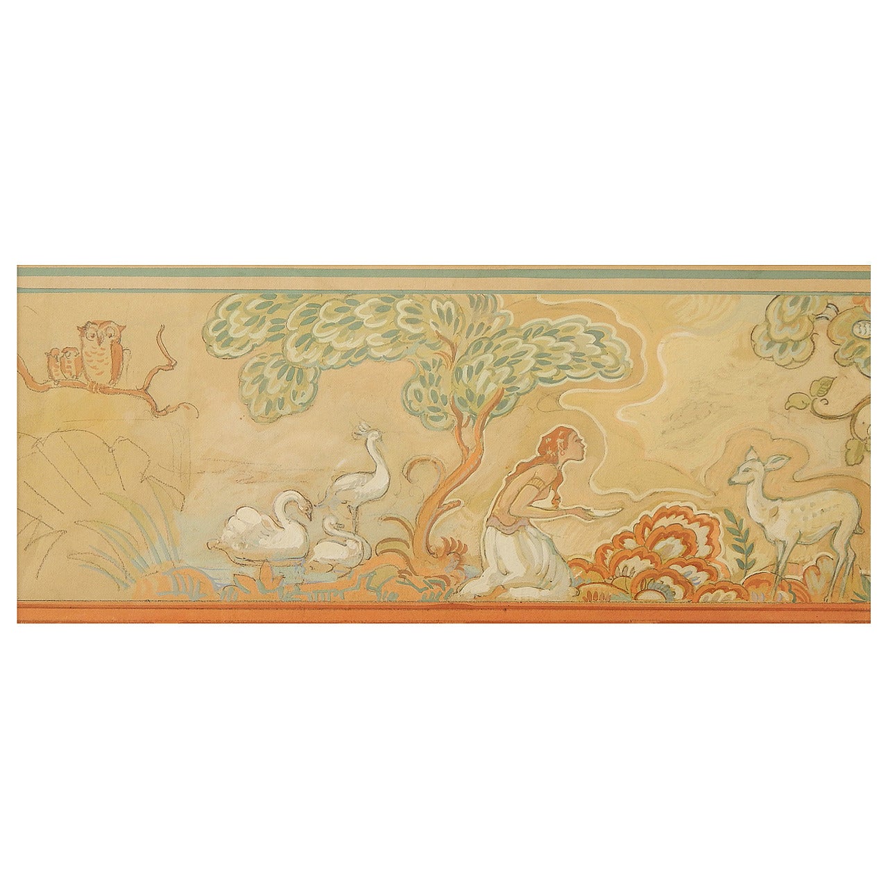 "Nymph and Fawn in Paradise, " Superb Art Deco Mural Study Painting by Petersen