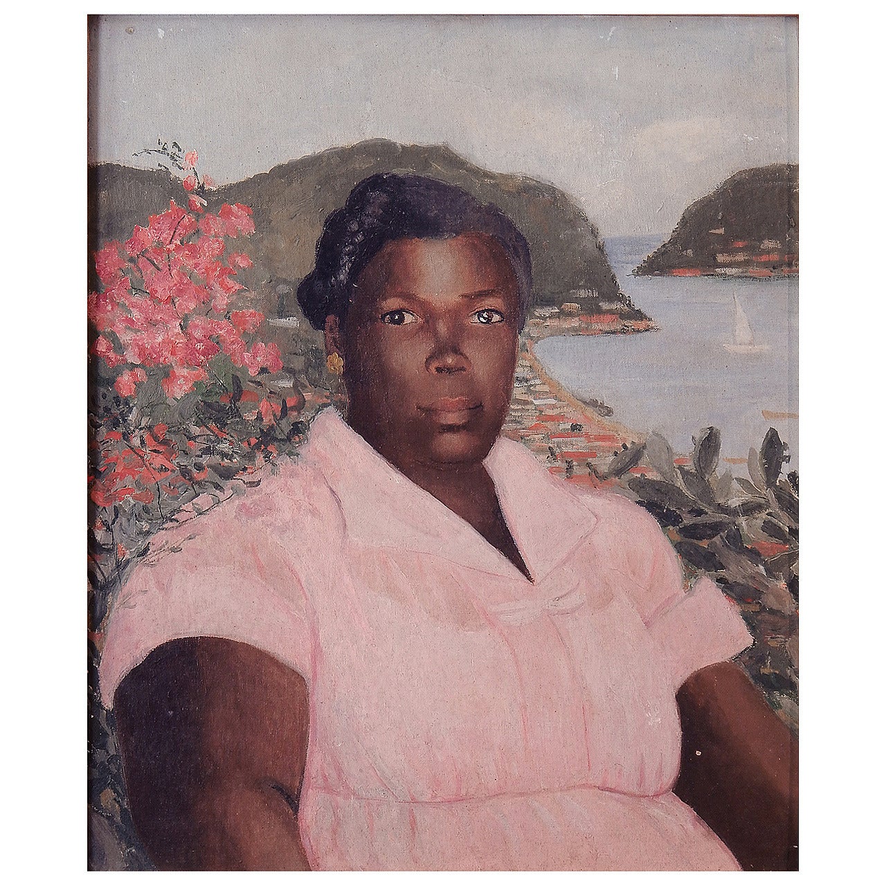 "Pink Dress, " Lovely WPA Period Portrait Overlooking Caribbean Harbor