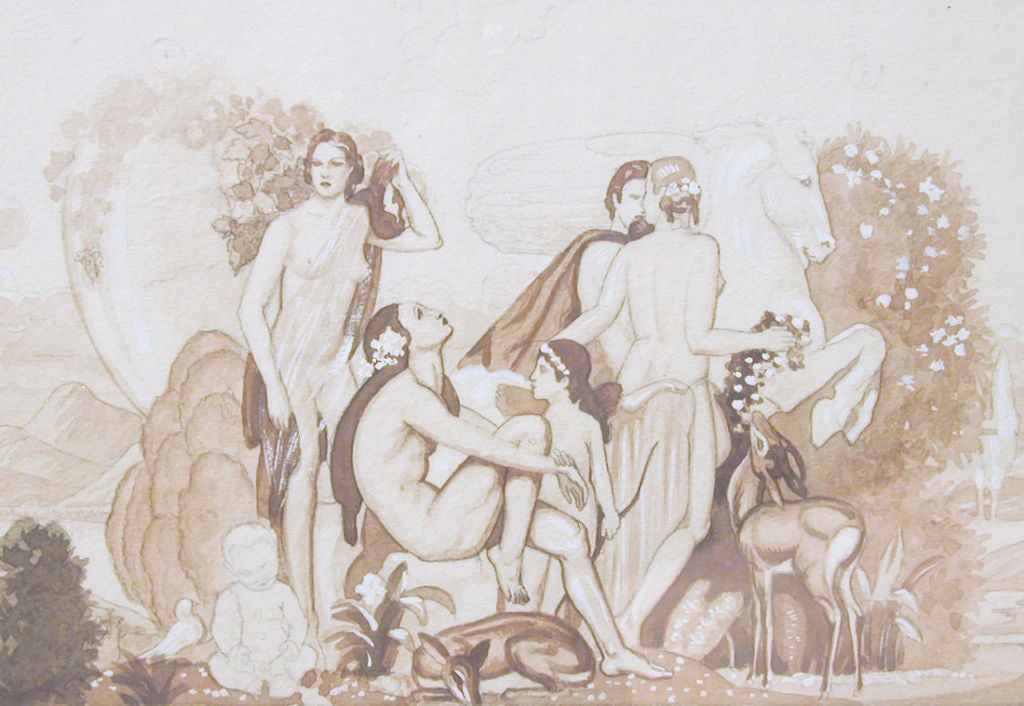 Beautifully painted with watercolor and gouache over pencil, this quintessential study for a mural in France has all the hallmarks of sophisticated decorative painting in the late 1920s and 1930s:  a cluster of nude figures, two deer, a winged