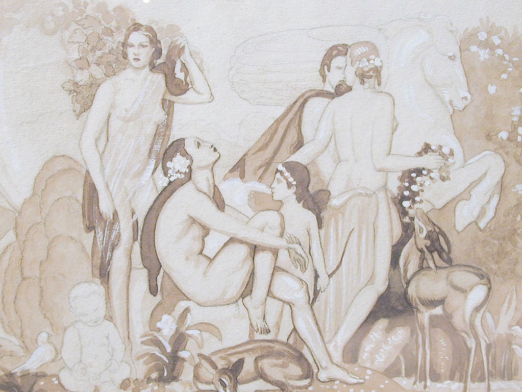 French Classic Art Deco Mural Study with Nude Figures from France