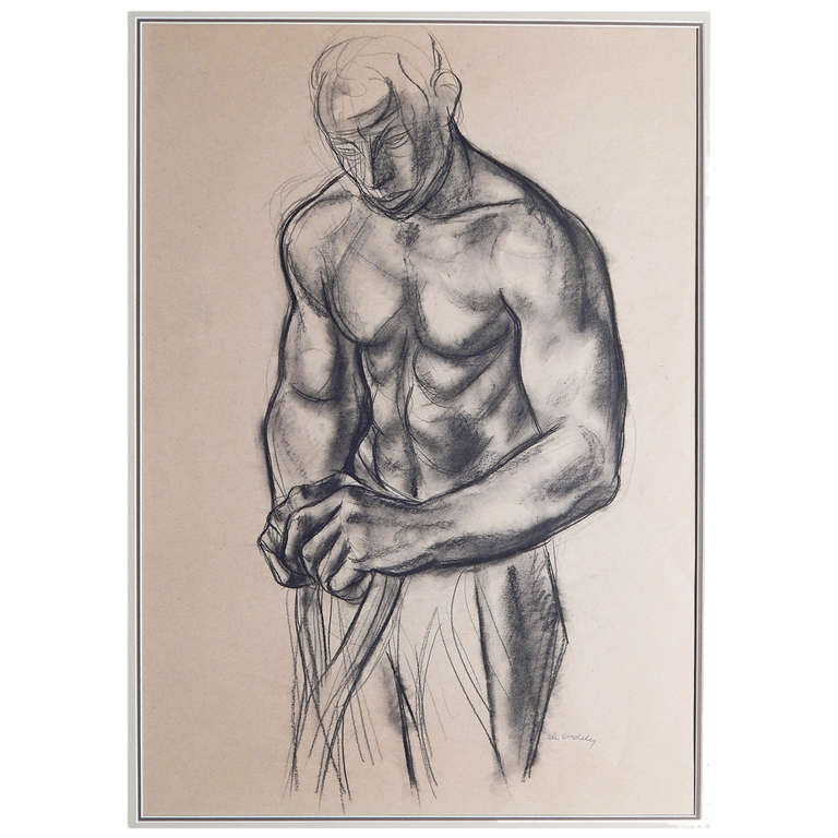 "Half Nude Man at Rest," Important Drawing of Black Worker by De Erdelyi
