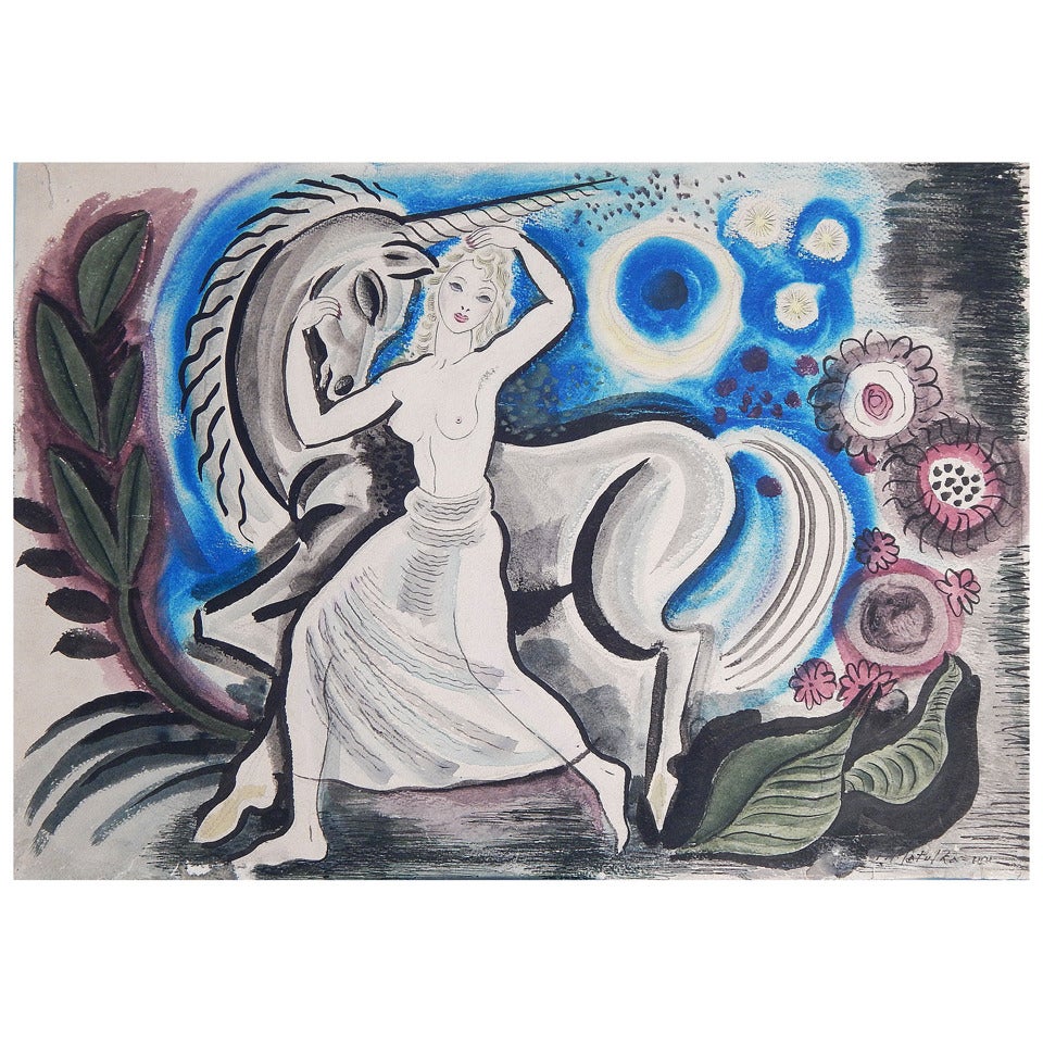 "Nude and Unicorn, " Brilliant and Important Art Deco Painting by Matulka, 1944