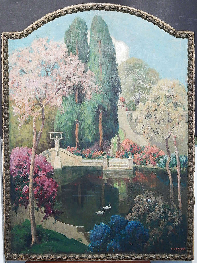 Encantadora y bucólica, esta vista de un idílico paisaje junto a un lago, con esculturas clásicas, una pareja de cisnes y árboles en flor de brillantes colores, fue pintada por George Stimmel para la Ópera Metropolitana de Nueva York, bien como