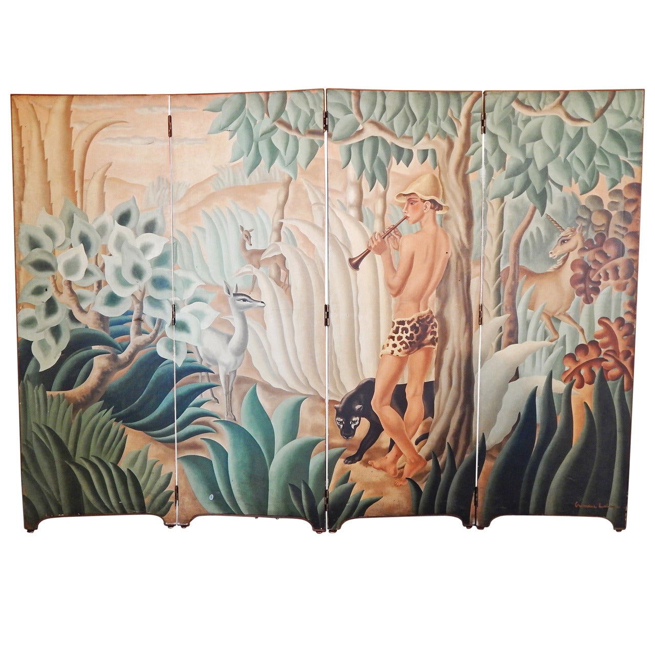 "Pan in Paradise, " Spectacular Art Deco Folding Screen by Labaye