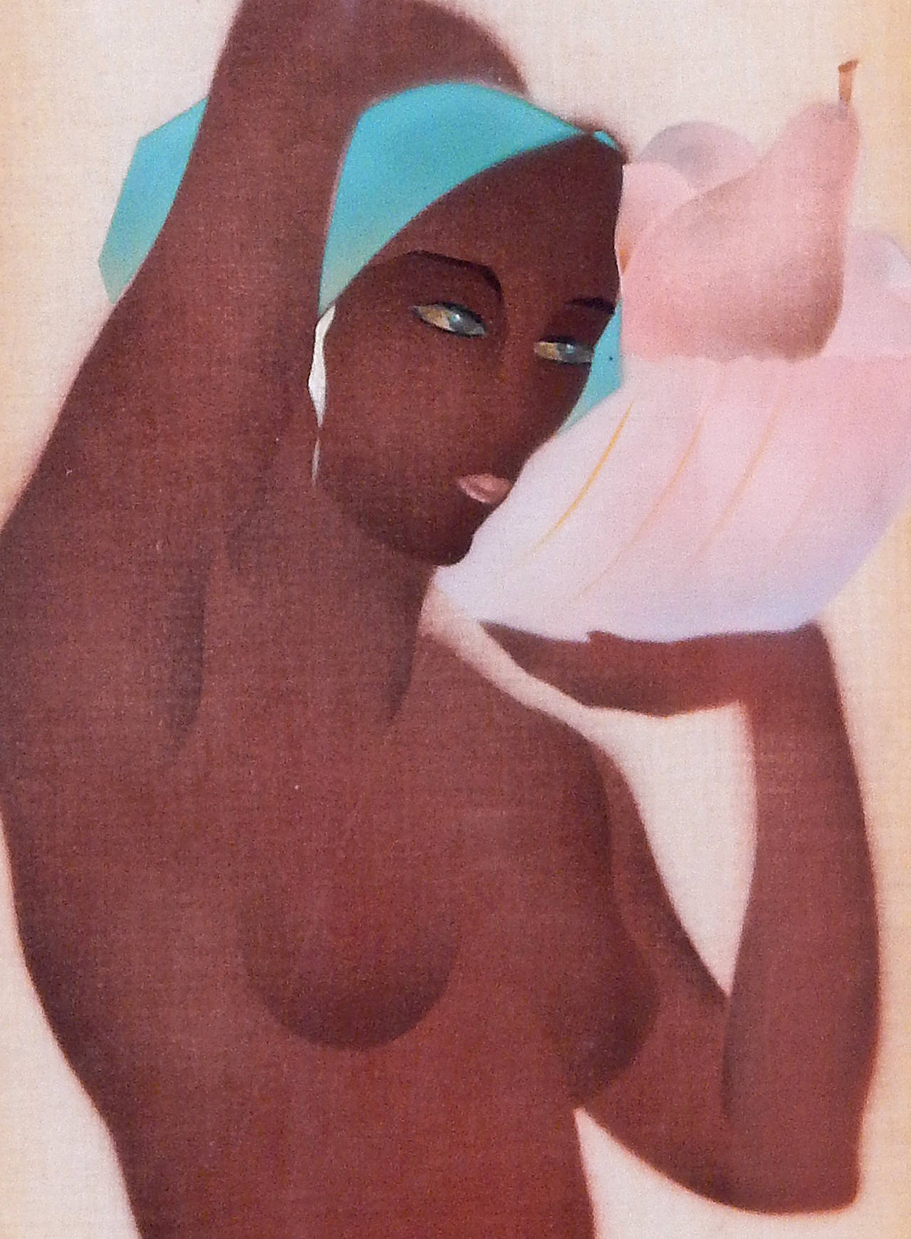 Peinte par William Hentschel, l'un des artisans les plus célèbres de Rookwood Pottery à l'époque Art déco, cette gouache très rare représente une femme à moitié nue portant un panier rempli de poires et d'autres fruits. Bien qu'elle représente une