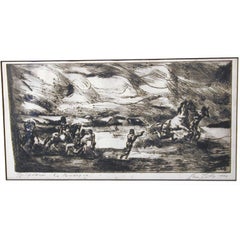 "Wild Horses La Camargue" Rare etching by Leon Kelly, 1936