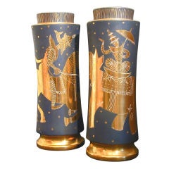 Retro Rare Pair of Lamp Bases with Exotic Thai Theme, Gold Glaze