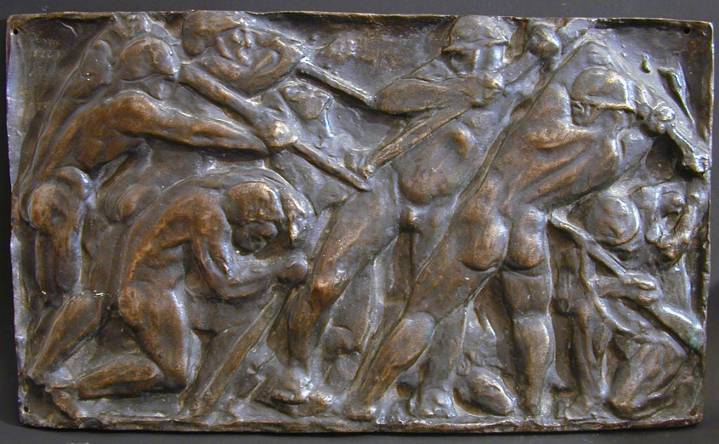 Questo straordinario pannello in bronzo dell'artista ungherese Anna von Koranyi, che raffigura un gruppo di minatori nudi che lavorano nelle profondità del sottosuolo per estrarre il carbone, mostra segni del cubismo e dell'imminente classicismo