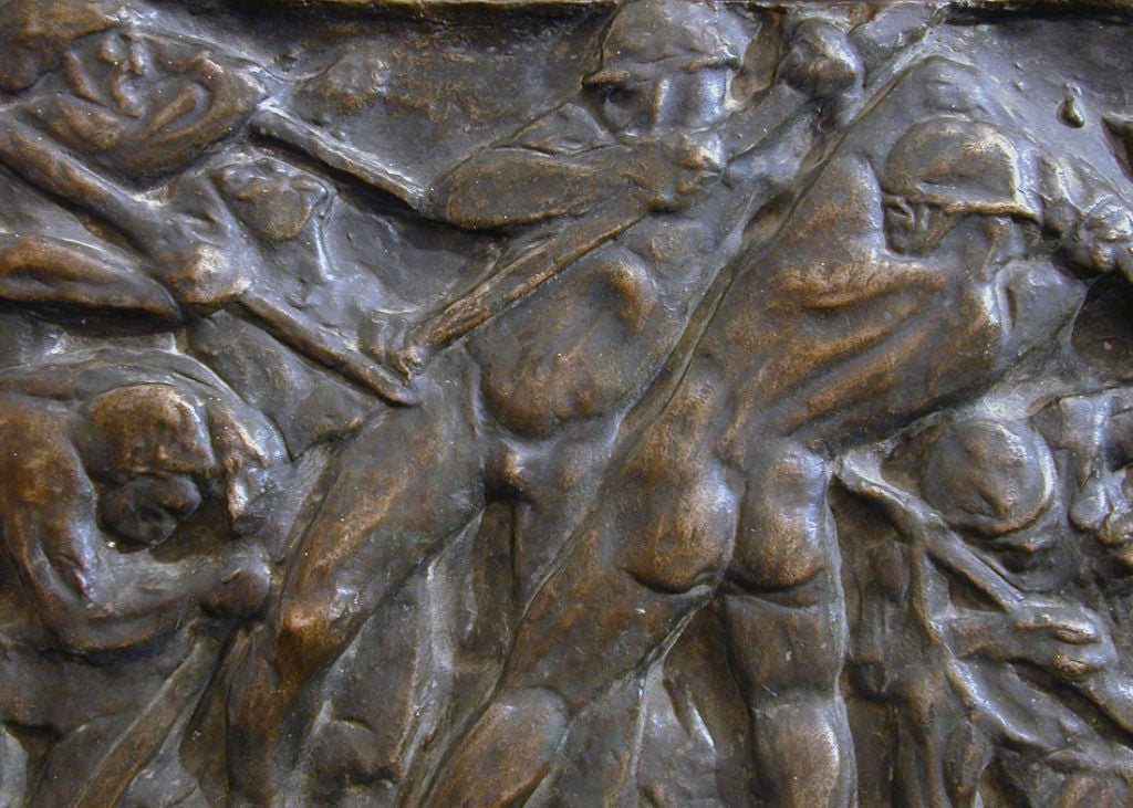 Art déco Panneau sculptural en bronze Art Déco « Painting Coal » avec mineurs masculins nus, 1925 en vente