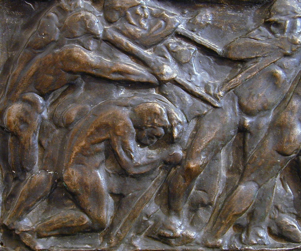 Hongrois Panneau sculptural en bronze Art Déco « Painting Coal » avec mineurs masculins nus, 1925 en vente