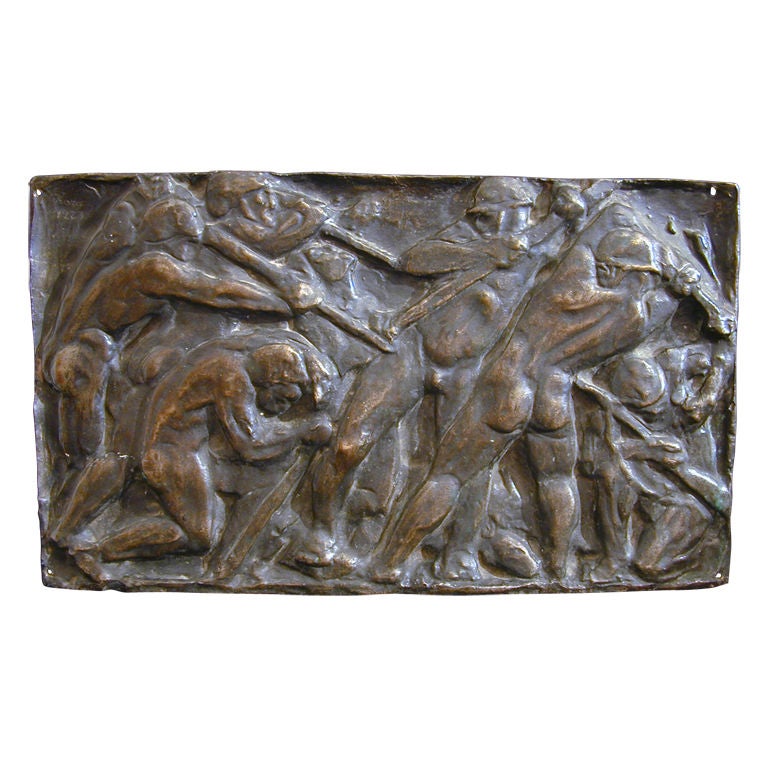 "Prying Coal," Art Deco Bronze Sculptural Panel with Nude Male Miners, 1925