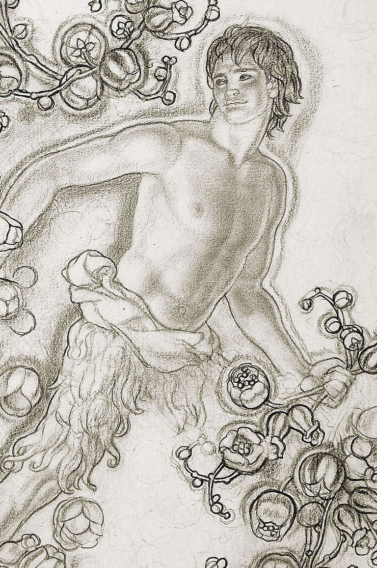 Representado aquí como un joven ganador y ágil rodeado de enredaderas en flor y vestido con piel de cabra con zarcillos que hacen juego con su pelo, esta encantadora representación de un personaje parecido a Peter Pan fue dibujada por William Miller