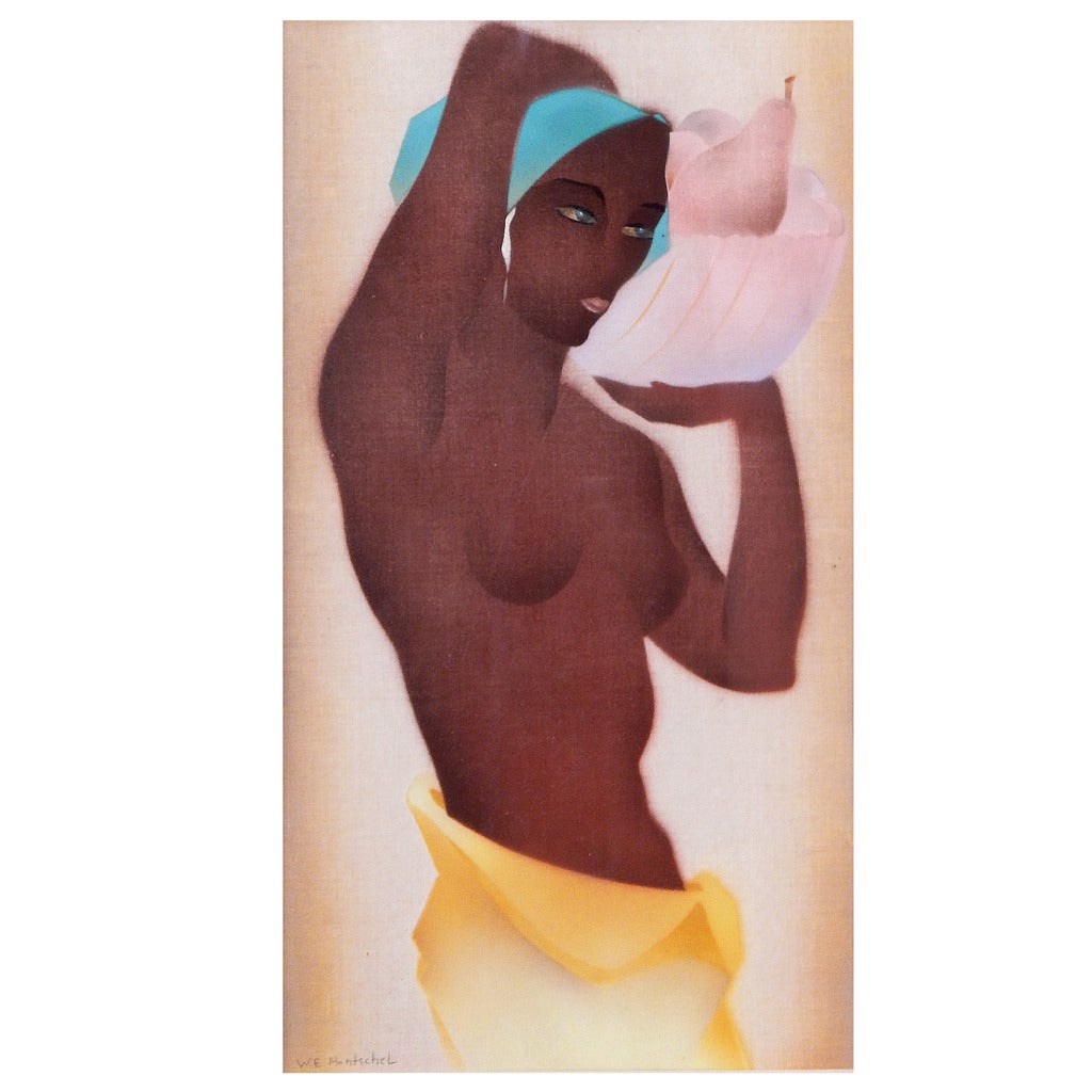 "Nude with Basket, " Striking Art Deco Gouache Painting by Hentschel