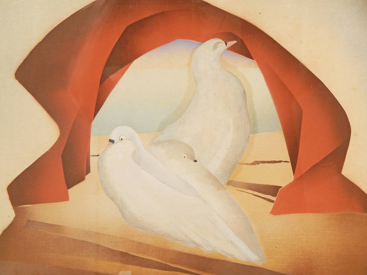 Merveilleux exemple de peinture Art déco de William Hentschel, cette pièce reflète également l'influence du surréalisme dans l'arche stylisée qui semble être faite de tissu, et la plate-forme pour les colombes, qui ressemble à un affleurement
