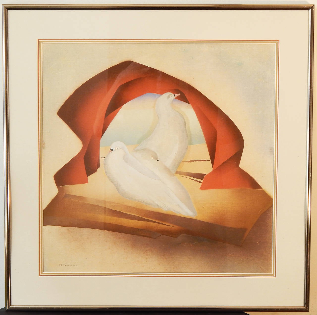 „Drei Tauben“, Art-Déco-Gemälde mit surrealistischem Rand von Hentschel (amerikanisch) im Angebot