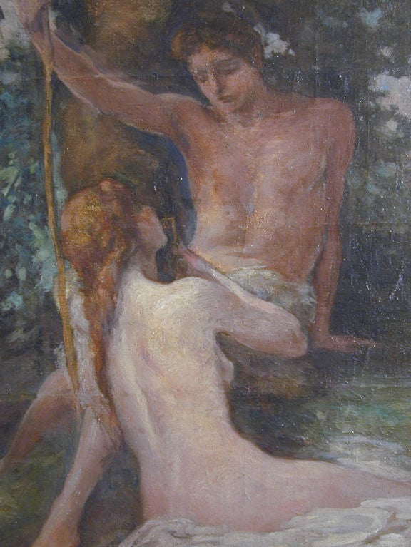 This bucolic woodland scene is one of the most charming pieces that Lee Woodward Zeigler produced over a career that focused largely on mural painting.  Zeigler was fascinated with the slender, nymph-like female nude, and painted it many times. 