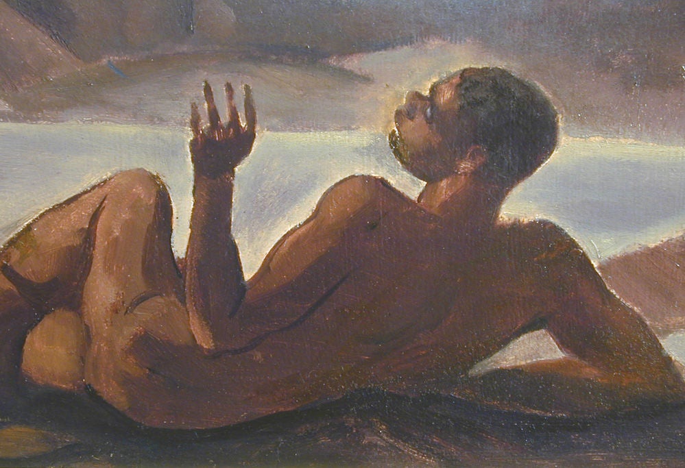 In the manner of Rockwell Kent and his African American contemporaries working in the 1930s, this remarkable scene depicts a nude black male figure, overcome by a vision of angels -- also black -- in the nighttime sky.  As in many of Kent's and