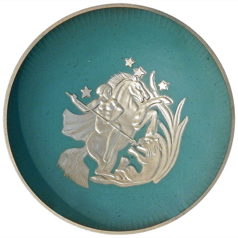 "Nude on Horseback Battling Lion, " Footed Art Deco Bowl by Stjärnmetall