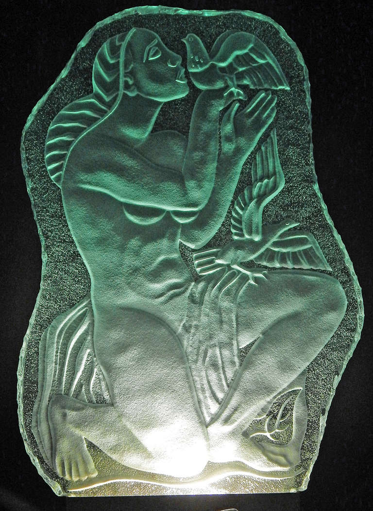 An important example of Art Deco sculpture, possibly unique, this depiction of a female nude with two doves was created by Gunnar Torhamn, best known as a painter of laborers on farms and seasides in his native Sweden. Designed to serve as an