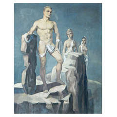 "Trio, " Rare and Early Oil Painting of Three Nudes in Surreal Landscape by Lear