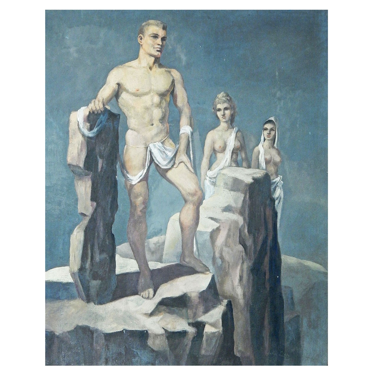« Trio », rare et ancienne peinture à l'huile de trois nus dans un paysage surréaliste par Lear en vente