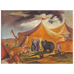 Circus Is in Town - Superbe peinture réaliste sociale d'Anne Walker, années 1930