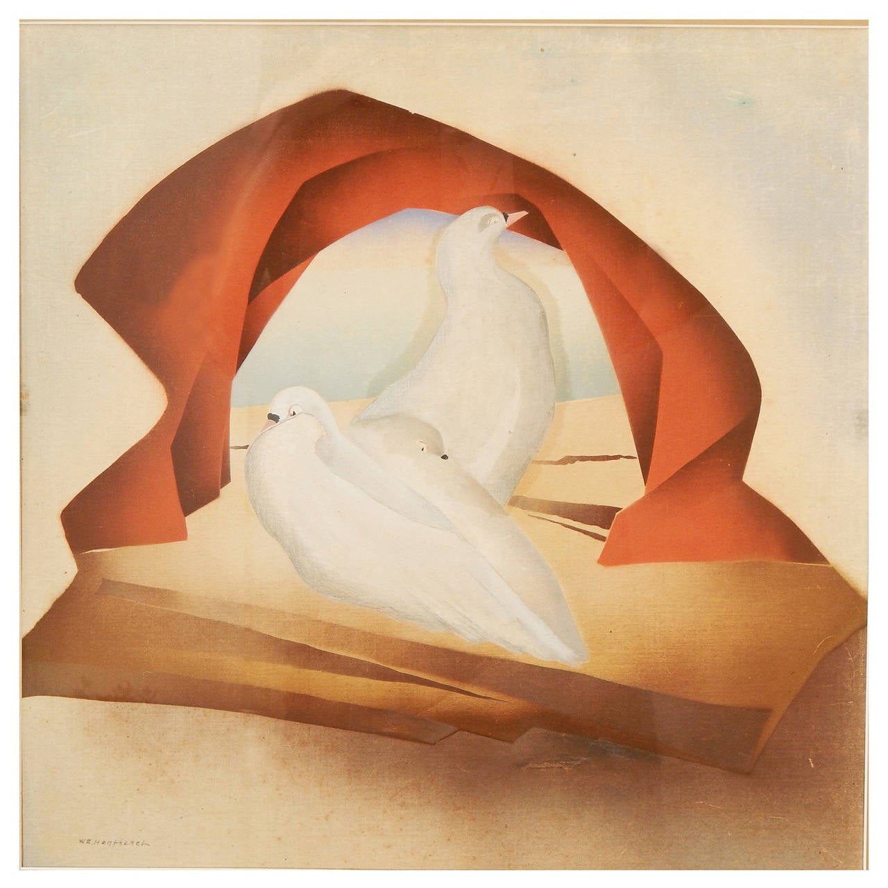 "Three Doves, " Art Deco Painting with Surrealistic Edge by Hentschel