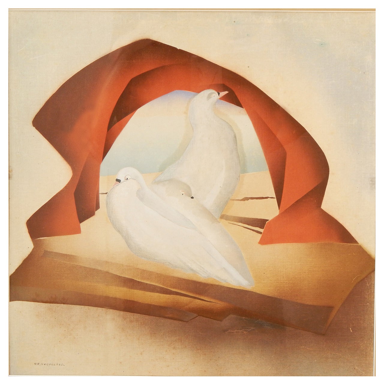 „Drei Tauben“, Art-Déco-Gemälde mit surrealistischem Rand von Hentschel im Angebot