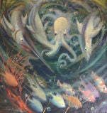 "Whirlpool with Octopus, Shark and Swordfish, " 1929 Oil Painting