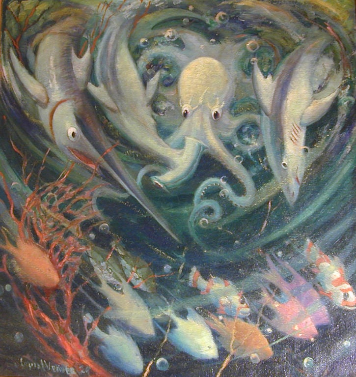 "Whirlpool with Octopus, Shark and Swordfish, " 1929 Oil Painting